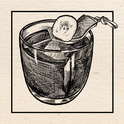Illustration of Conner Slevin's (Loyal Legion) "Banana Hammock" Old Fashioned. Portland, Oregon.