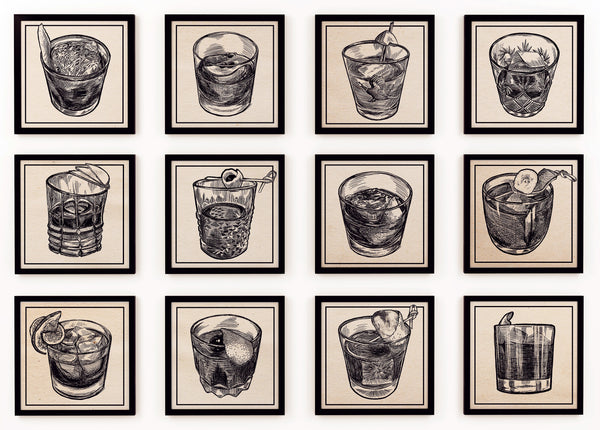 The complete collection of the illustrations of the Old Fashioned Cocktails from the finalists of the Portland Old Fashioned Face-Off.  Portland, Oregon.