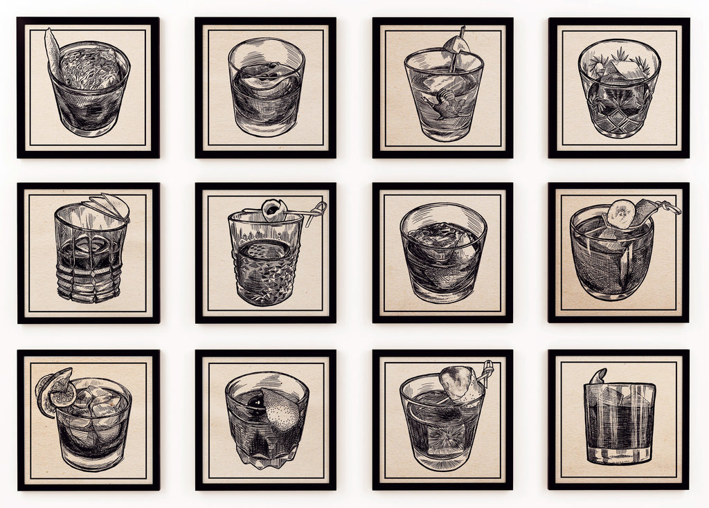 The complete collection of the illustrations of the Old Fashioned Cocktails from the finalists of the Portland Old Fashioned Face-Off.  Portland, Oregon. 